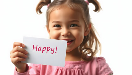 Little girl showing card with positive happy emotion isolated with white shades, png