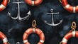 © NeuralNiche - Seamless watercolor nautical pattern featuring anchors and life buoys on a black background ideal for wrapping paper wallpapers and romantic event invitations