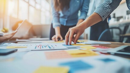 A close-up shot of a team working together on a project. Their hands are visible, and they are surrounded by sticky notes, papers, and other office supplies.