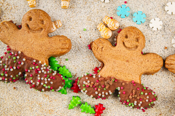 Gingerbread man ginger cookies christmas party delicious dessert christmas treat fresh delicious gourmet food background on the table rustic copy space top view