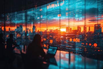 Poster - Silhouetted figures work on laptops in a modern office overlooking a city skyline with a digital overlay.