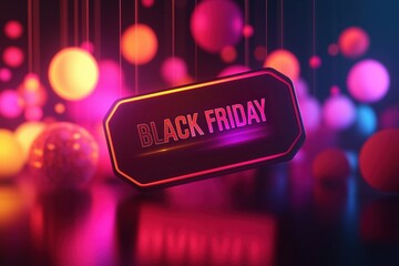 Glowing Black Friday sign with neon effects is set against a vibrant backdrop of colorful bokeh lights and abstract spheres. Dynamic image captures excitement and energy of shopping promotions.