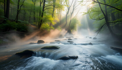 Misty wild river and magic light in the forest in spring isolated with white shades, png