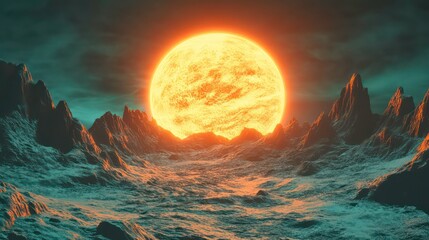 Poster - A glowing sun rises over a rugged, alien landscape with dramatic textures.