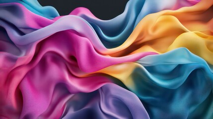 Poster - An abstract wave of colorful fabric-like forms on a dark background, creating a dynamic and fluid visual.