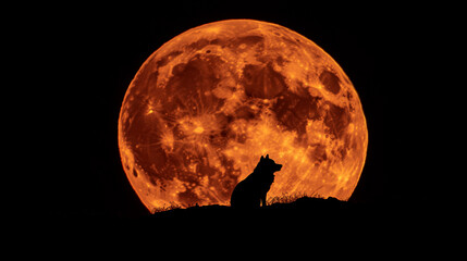  A silhouetted wolf sits on a hill with a large, glowing orange moon behind it. Concept of nature, night, mystery.