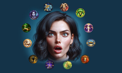 Wall Mural - woman with an expression of wonder and amazement, even disbelief with all zodiac signs around, humor
