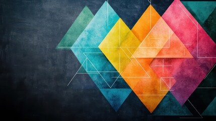Poster - Kaleidoscopic watercolor triangles and squares on a chalkboard, vibrant angles and abstract math expressions