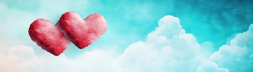 Poster - heartshaped clouds floating in sky flat design front view dreamy theme watercolor complementary color scheme