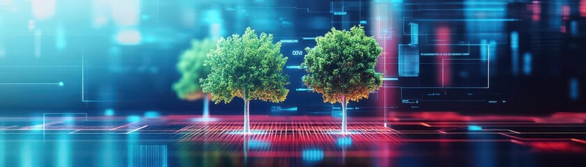 Poster - Holographic display of trees absorbing CO2 in realtime, vibrant colors, futuristic, nature meets technology, highresolution detail