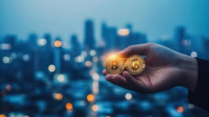 Poster - Hands holding golden coins with dollar signs in motion blurred city skyline background symbolizing fast profits closeup shot vibrant detail