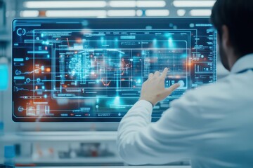 Aufkleber - Closeup of a holographic control panel in a lab setting, engineer interacting with data, clean modern aesthetic, bright colors, tech precision