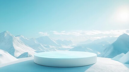 Aufkleber - An arctic landscape with snow-covered mountains and a clear blue sky outlined by a futuristic ice podium