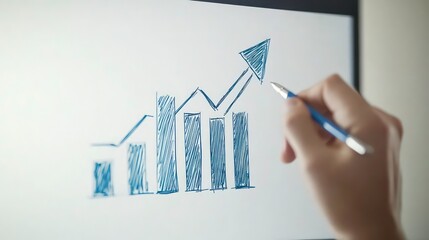 Poster - An ascending financial chart drawn by a businessman. Touchscreen. Two colors in one file. White and blue. Business success shown in a bright arrow showing increasing profits.