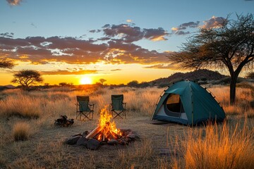 camping tent in african savanna at sunset
