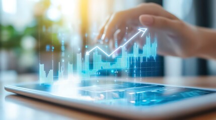 Poster - A hand interacts with a digital tablet displaying upward trending financial graphs.