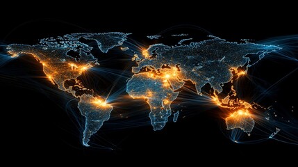 Wall Mural - a stylized world map with glowing lights and lines representing connections and global network.