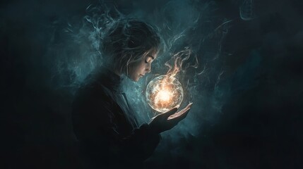 Poster - a woman holds a glowing orb, surrounded by mystical smoke, in a dark and ethereal atmosphere depicti