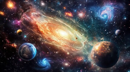 Poster - A vibrant cosmic scene showcasing galaxies, planets, and celestial phenomena.