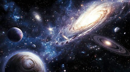 Poster - A stunning depiction of a cosmic scene with galaxies, planets, and stars in deep space.