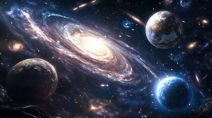 Poster - An astral dance of swirling galaxies, nebulas, and distant planets in the cosmos