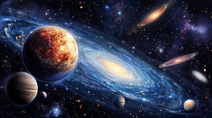 Poster - A cosmic scene depicting planets and galaxies in a vibrant universe.