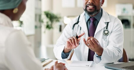 Wall Mural - Hands, doctor and patient in discussion with consultation, advice and medical services in office. People, talk and healthcare in wellness, hospital or clinic as recommendation or professional opinion