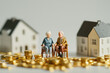 © W - An elderly couple sitting among real estate models and gold coins
