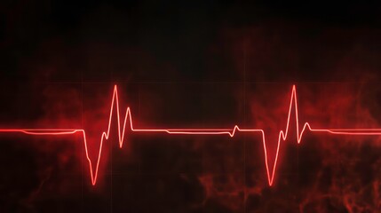 Poster - An electrocardiogram showing a flatline heartbeat in a stressful situation, a heart rate in a quiescent state. Black background with red heartbeat line