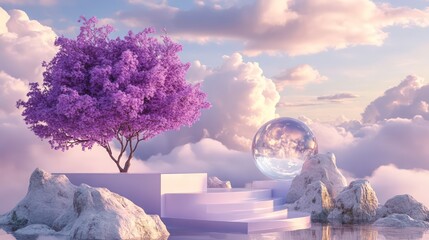 Aufkleber - An idyllic pastel surreal landscape island with a blank podium for showing products, a purple tree, a glass ball, and beautiful clouds in the background of a 3d render