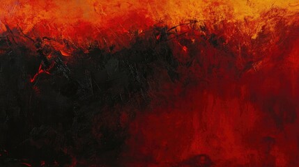 Leinwandbilder - Abstract black canvas against vibrant red walls creates a striking visual contrast. This abstract black canvas captures attention with its bold hues and offers ample space for creativity.