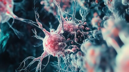 Aufkleber - Close-up view of neurons and synapses, illustrating cellular structure and communication.