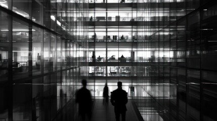 Poster - A monochrome view of an office building with silhouettes of people working inside.