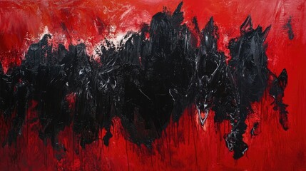 Leinwandbilder - Abstract black canvas against vibrant red walls creates a striking visual contrast. This abstract black canvas captures attention with its bold hues and offers ample space for creativity.