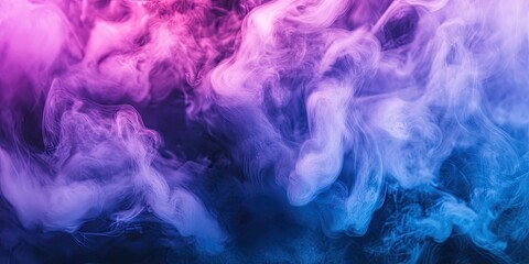 Wall Mural - Swirling smoke in shades of purple and blue contrasts strikingly with a dark backdrop, creating a captivating visual display of colors against the deep dark.