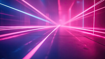 Poster - Futuristic pink and blue glowing laser lines create a vibrant and dynamic atmosphere. The glowing laser lines emit a captivating energy, adding depth and excitement with ample photo style copy space.