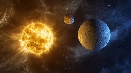 A sun, a moon and a planet are shown in the sky