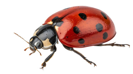 closeup of a red ladybug with black spots isolated on transparent background.