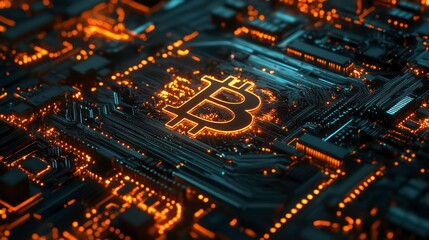 Poster - An intricate circuit board with glowing data streams and digital symbols depicts the Bitcoin logo in detail
