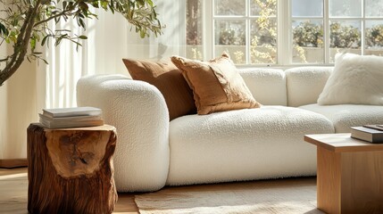 Aufkleber - A cozy living room featuring a white sofa with pillows, a wooden table, and natural light.