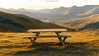 © 69 Timeless  Studio  - Weathered wooden table on a highland meadow, green grass and panoramic mountain views at dusk