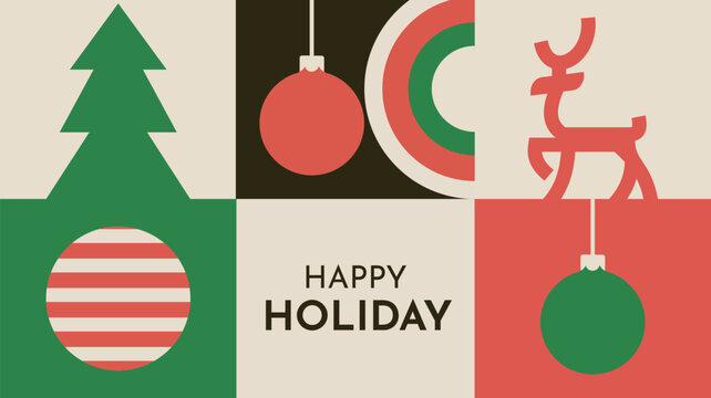 a poster for happy holidays with a christmas tree and a colorful background.