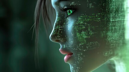 Aufkleber - A futuristic humanoid with digital patterns on the skin, symbolizing technology and identity.