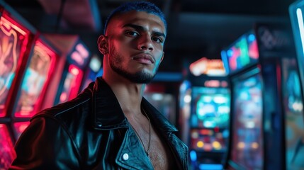 A stylish young man with short hair engages with a colorful, neon-lit arcade backdrop, blending modern fashion with a nostalgic arcade gaming environment.