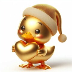 Wall Mural - Metallic golden Duck Wearing Santa Hat Holding Heart on white background