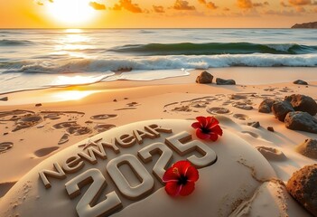 Wall Mural - sculpture Year New sand cove shores hibiscus adorned beach serene 2025