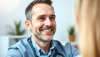 Successful treatment. Professional male psychologist smiling while looking at you isolated with white shades, png