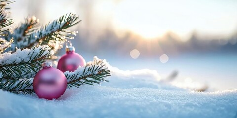 A snowy scene featuring a Christmas tree branch adorned with pink ornaments, illuminated by soft sunlight in a serene winter landscape.