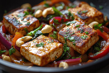 Wall Mural - a vegetable stir fry on a wok with tofu and cashews.