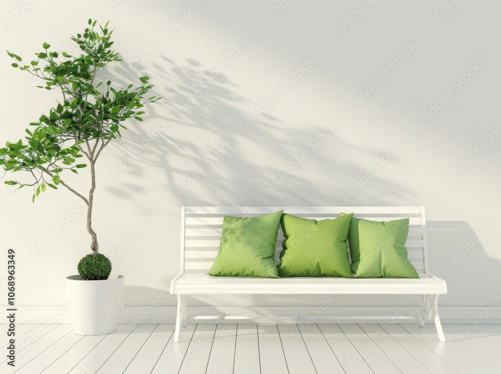 A white bench with green cushions sits in front of a white wall with a ...